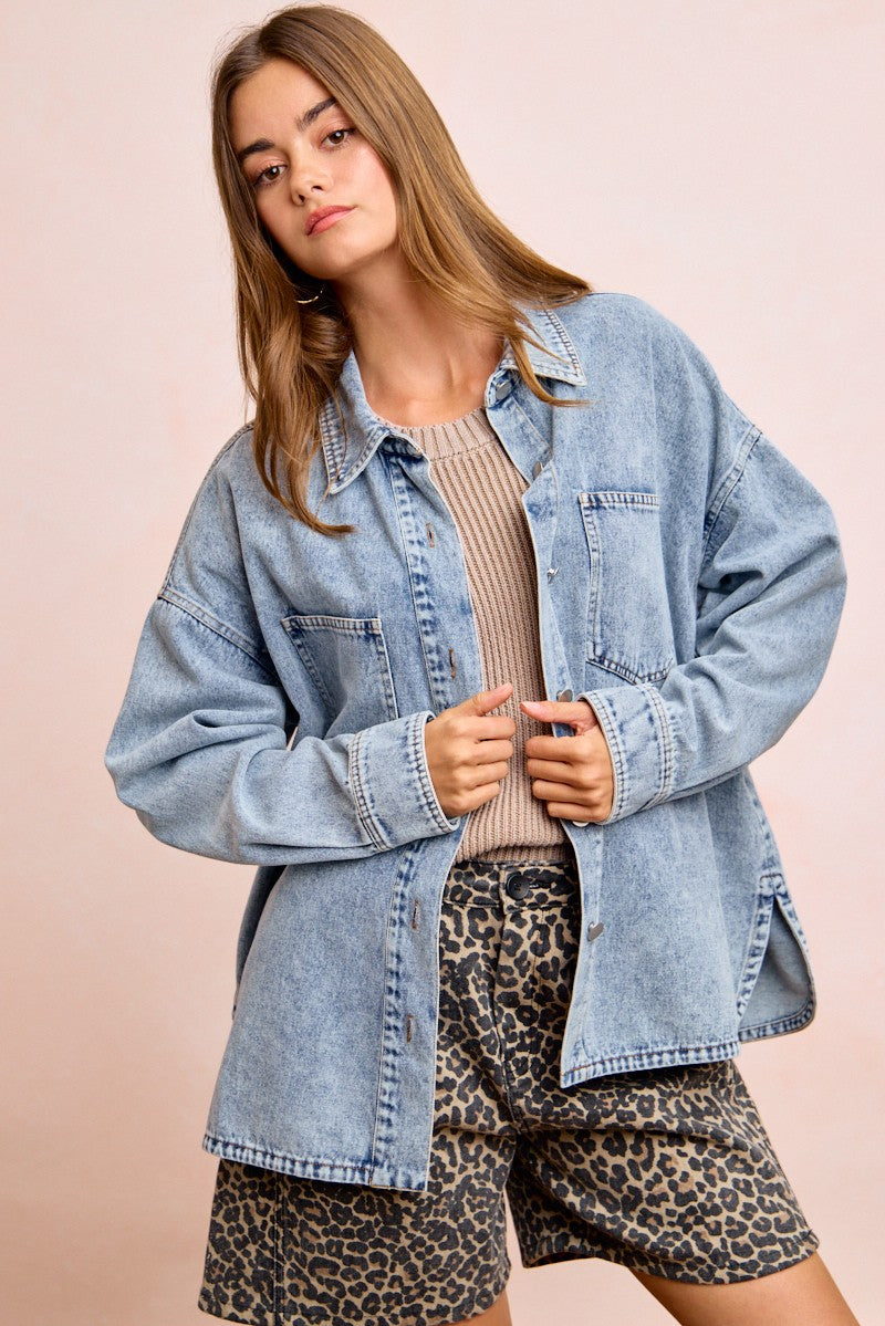 Washed Denim Relaxed Fit Shirt w/ Double Pocket