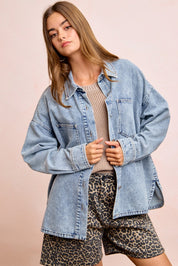 Washed Denim Relaxed Fit Shirt w/ Double Pocket