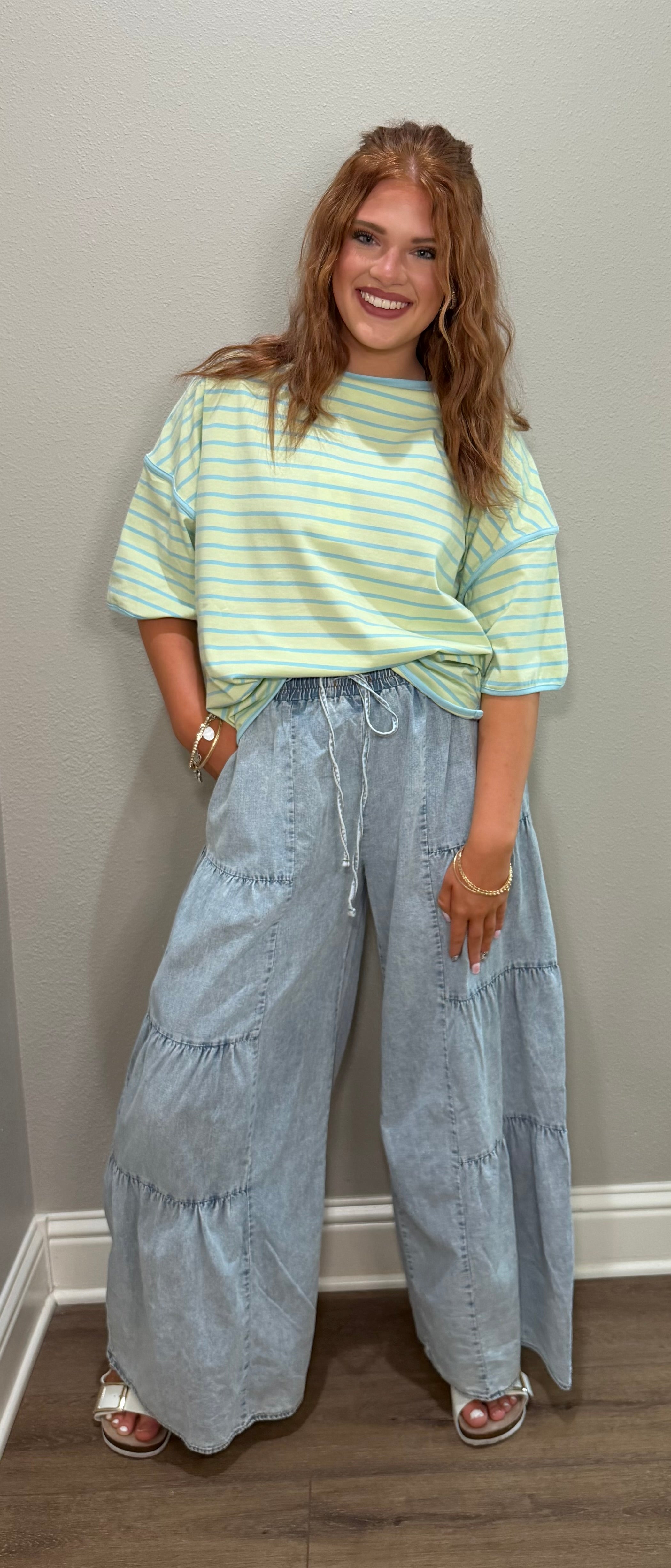 Wide Leg Tiered Layer Mineral Washed Chambray Pants