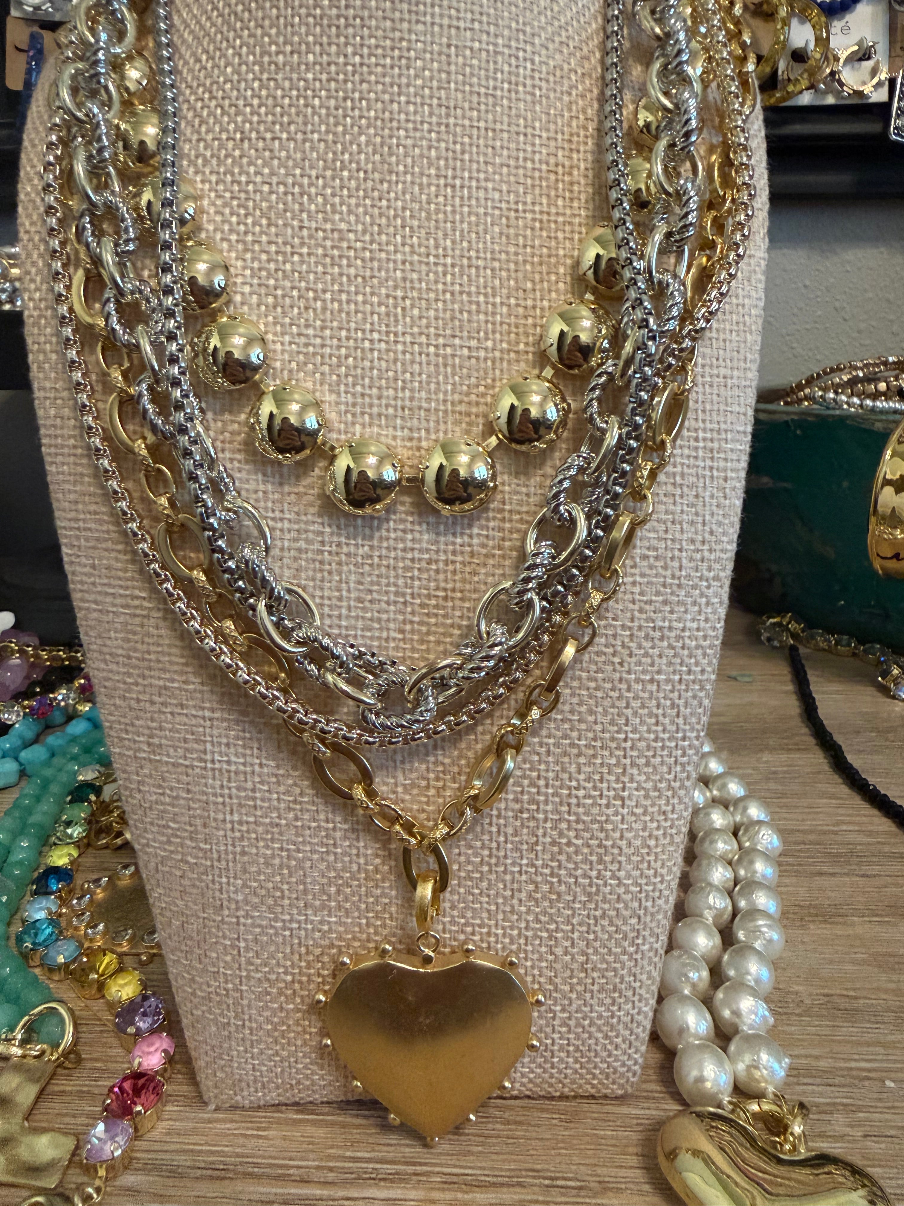 Gold Heart Multi Chain Necklace Stack