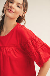 Red Pleated Puff Sleeve Mixed Fabric Top