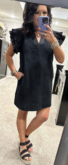 Black Quilted Dress w/ Ruffle Sleeve
