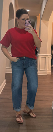 Basic Crew Neck Knit Short Sleeve Top - 2 COLORS - Red & Blue