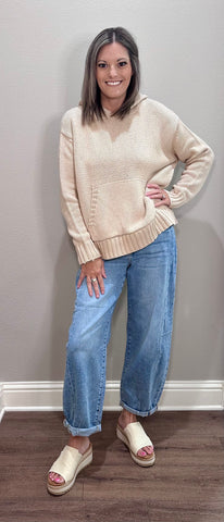 Oatmeal Knit Hooded Sweater w/ Kangaroo Pocket