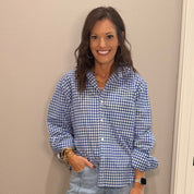 Blue/White Bigger Plaid Ruffle Collar Button Down Top