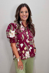 Merlot Floral Button Down Top w/ Puff Sleeve