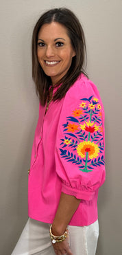 Hot Pink Embroidered 3/4 Sleeve Button Down Top