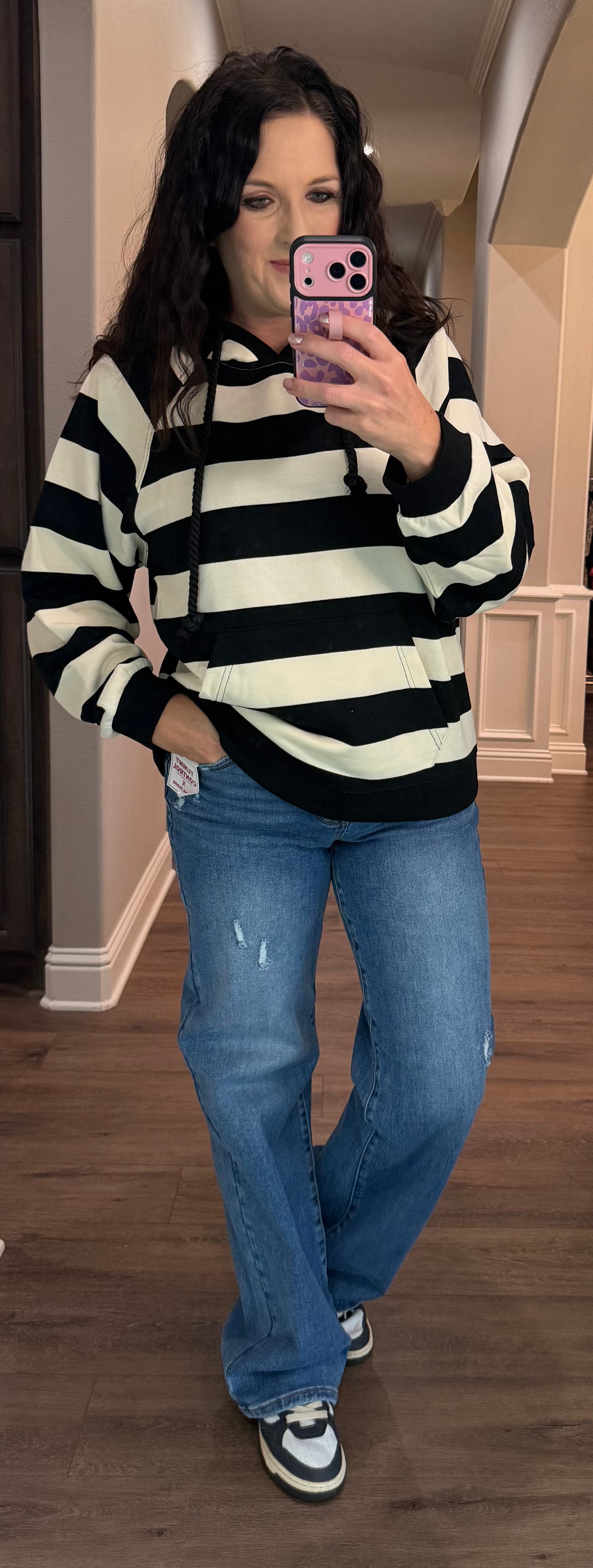 Black & Cream Stripe Hooded Pullover