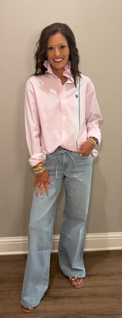 Pink Polo w/ Stripe Detail & Ruffle Collar Button Down Top