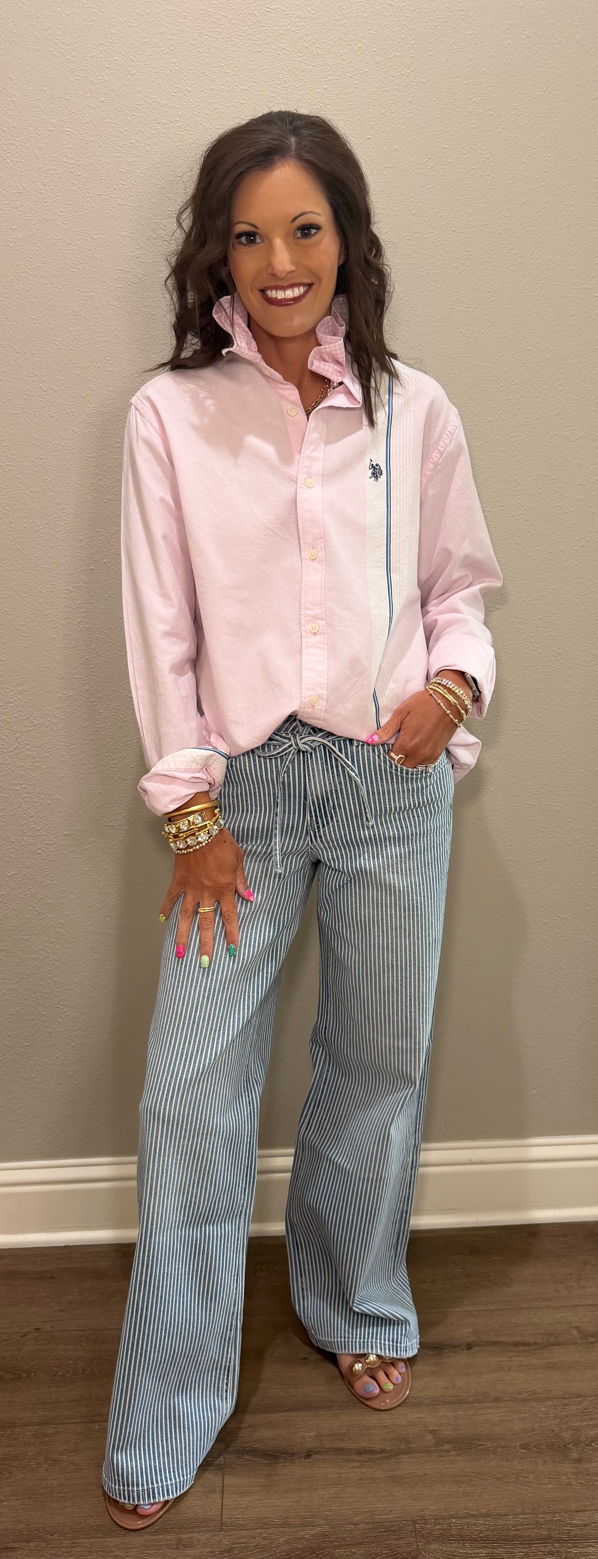 Pink Polo w/ Stripe Detail & Ruffle Collar Button Down Top