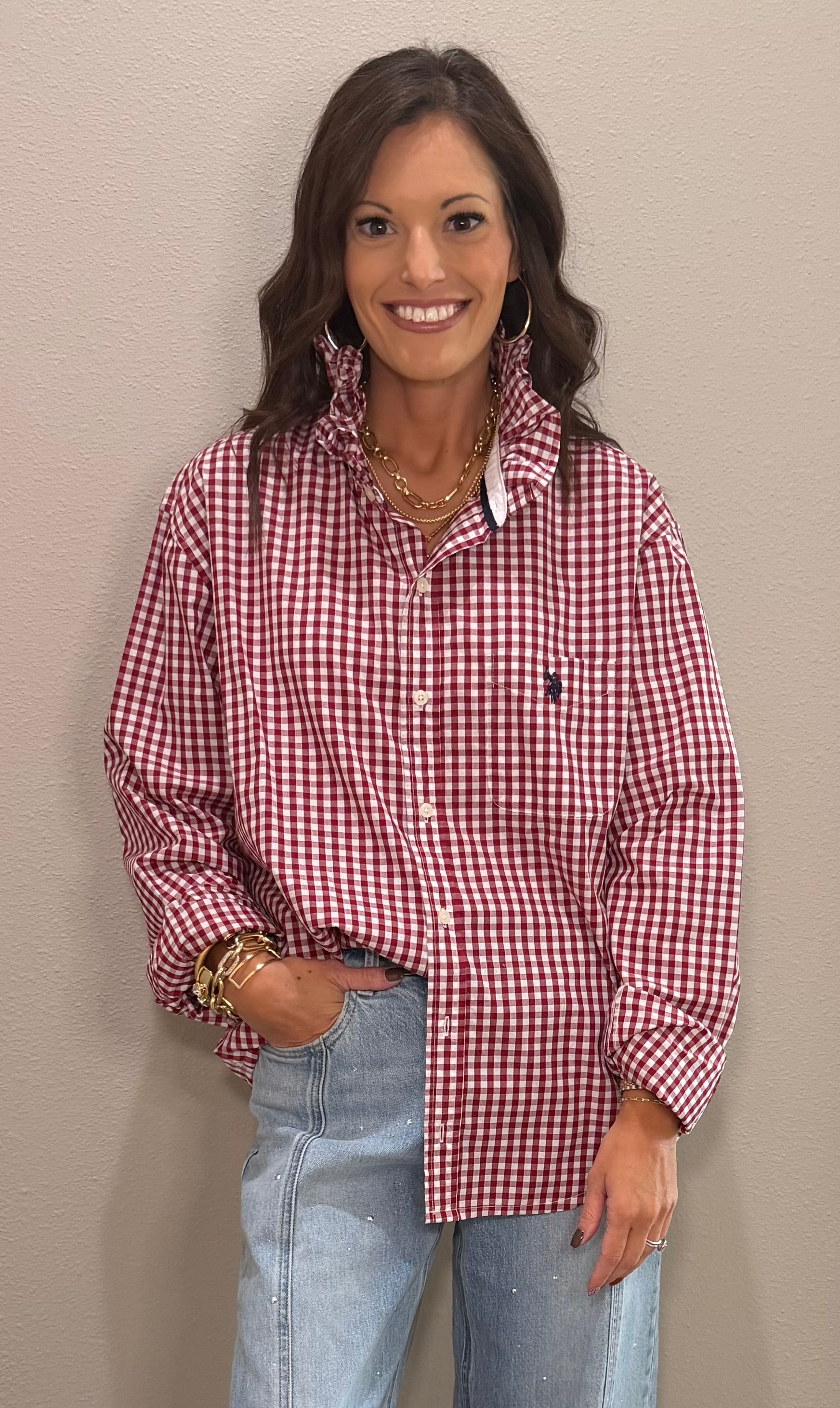 Red/White POLO Plaid Ruffle Neck Button Down