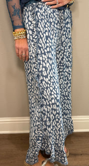 Blue Leopard Printed Lightweight Pants w/ Ruffle Details