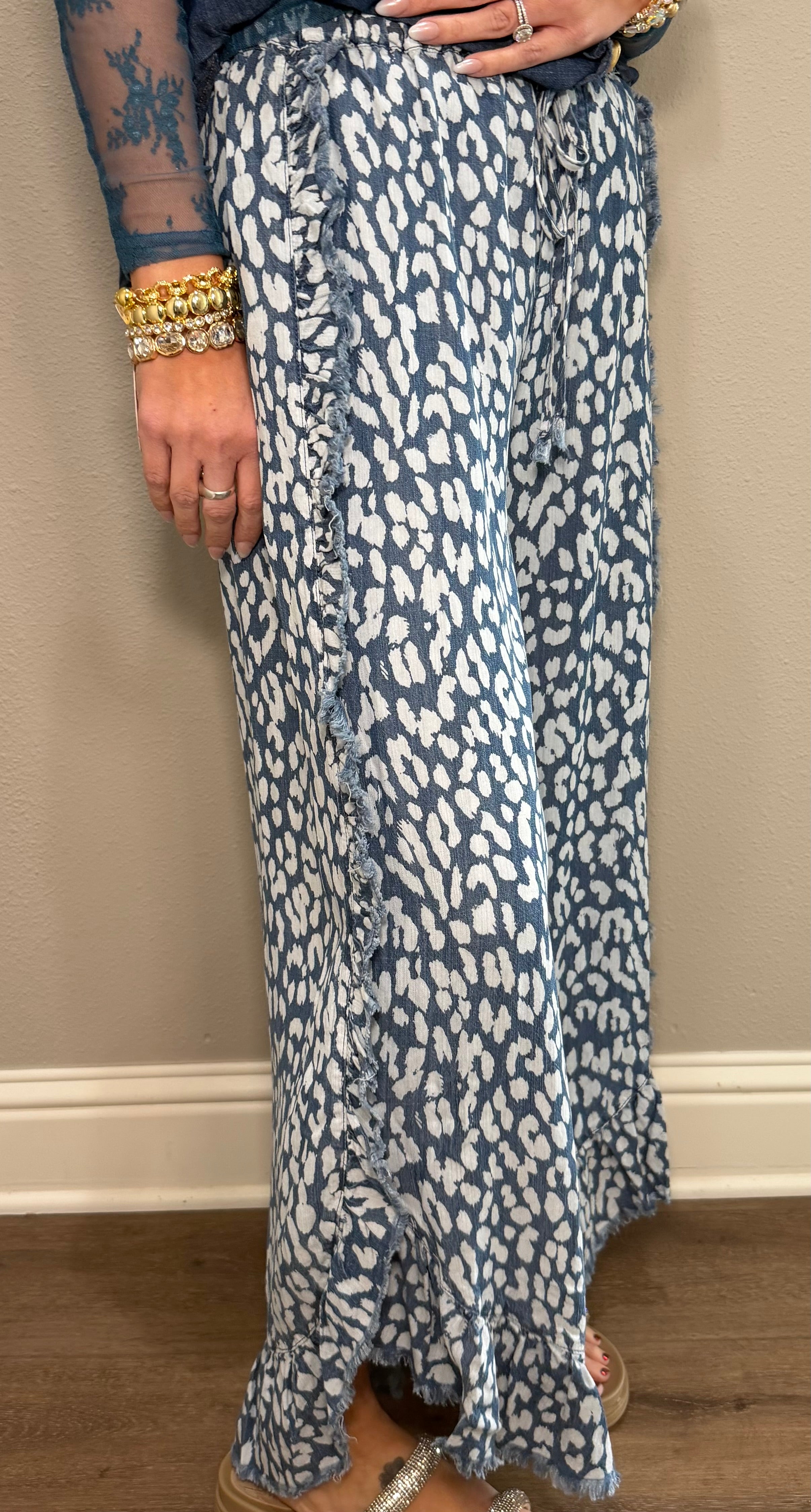 Blue Leopard Printed Lightweight Pants w/ Ruffle Details