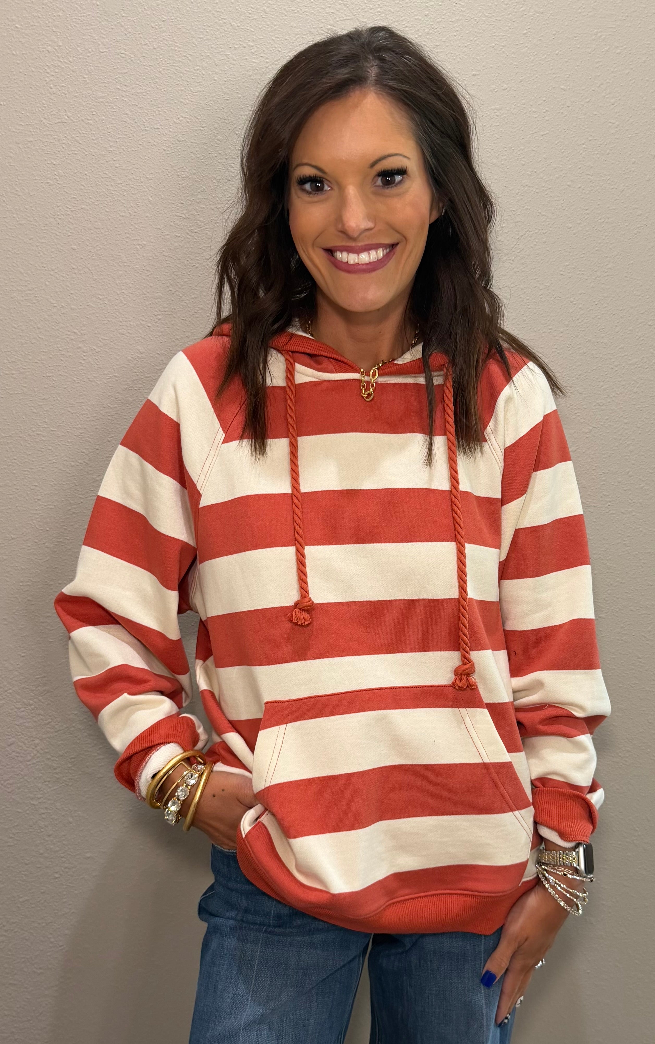 Rust & Cream Stripe Hooded Pullover