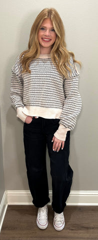 Cream & Black Two Tone Textured Sweater Top