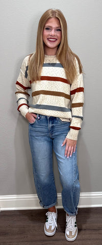 Multi Color Stripe Lightweight Sweater - Sprinkled Cream Yarn