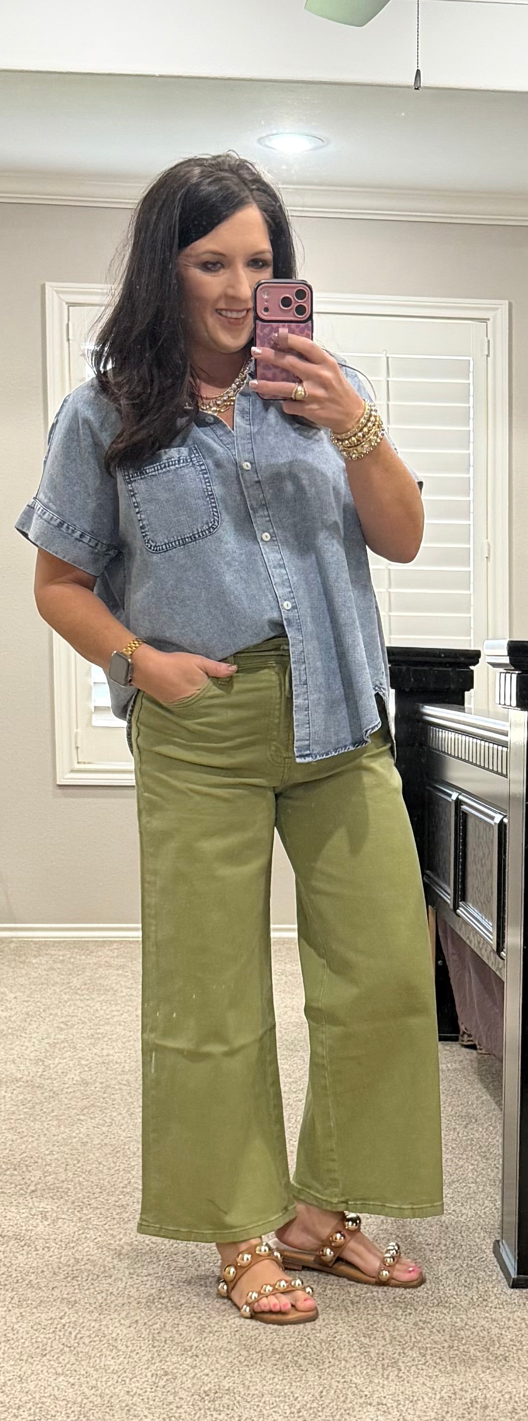 Olive High Rise Cropped Wide Leg Jeans w/ Drawstring
