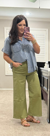 Olive High Rise Cropped Wide Leg Jeans w/ Drawstring