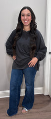 Washed Black Oversized Long Sleeve Top w/ Side Slit