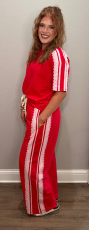 Red French Terry Lace Trim Pant Set