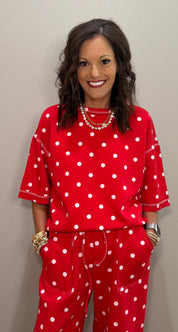 Red & White Scuba Polka Dot Short Sleeve Pant Set