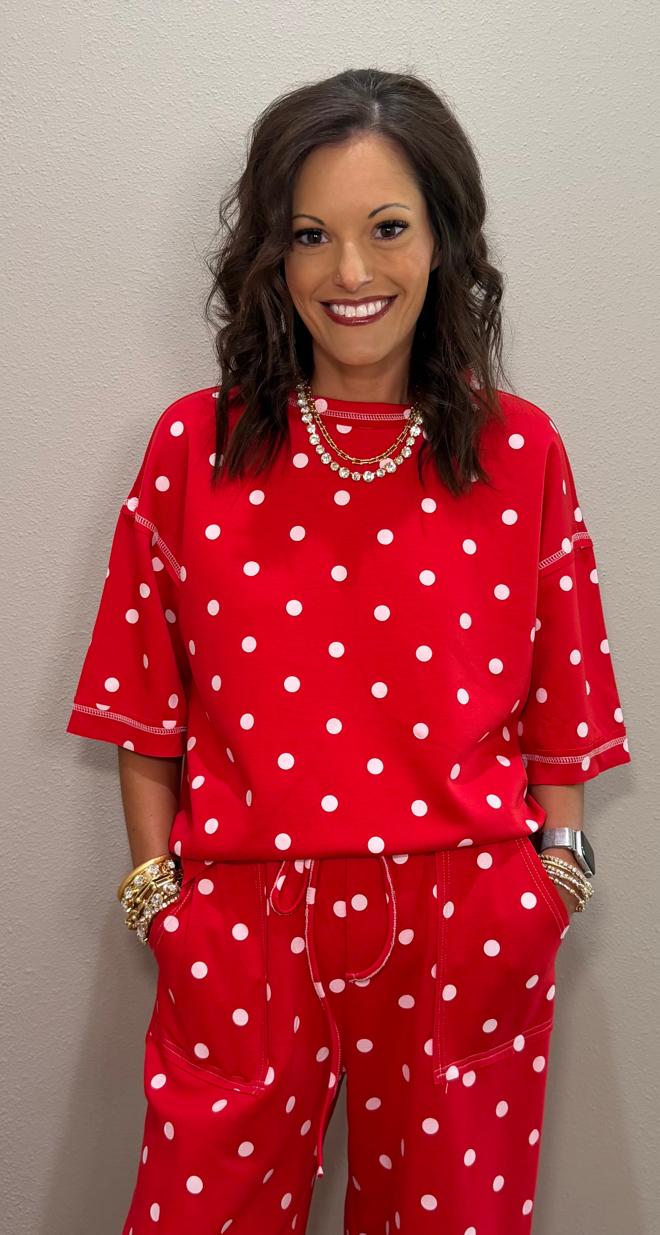 Red & White Scuba Polka Dot Short Sleeve Pant Set