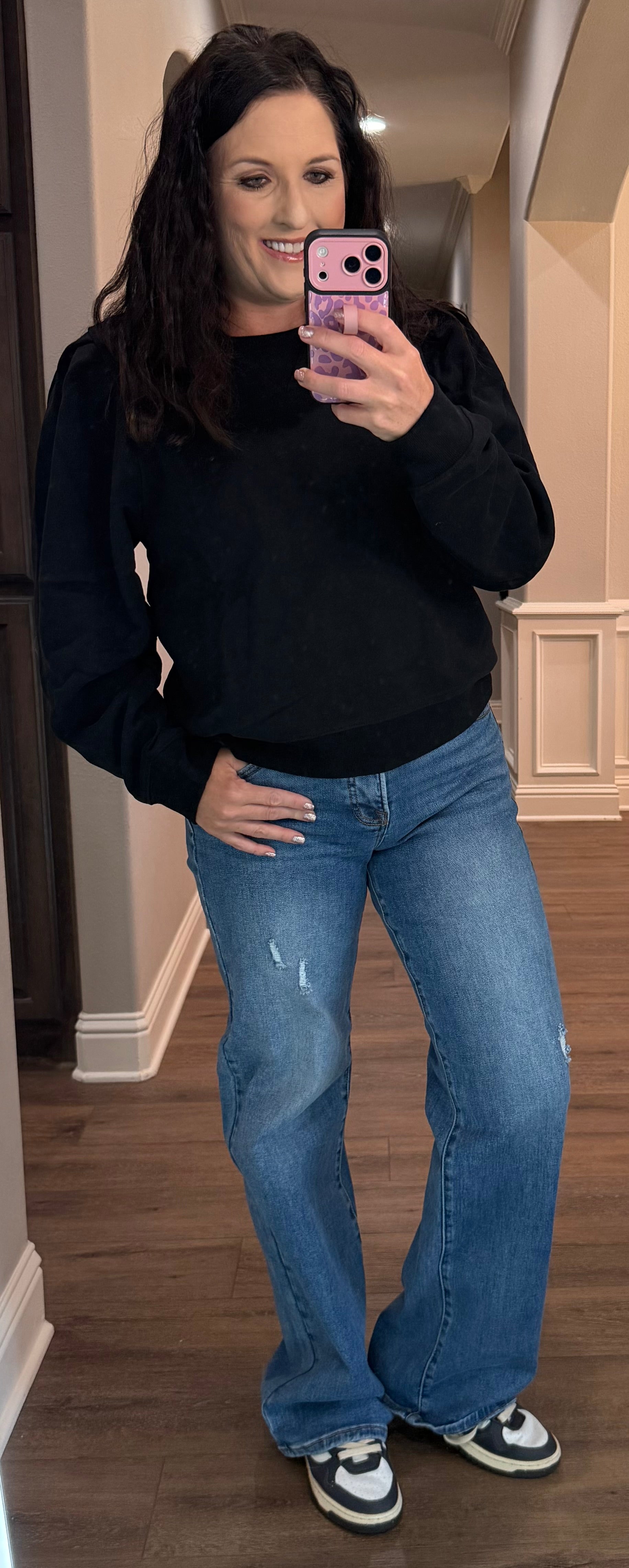 Black Ruffle Puff Sleeve Sweatshirt