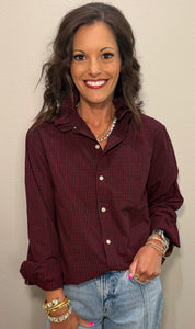 Black & Red Plaid Ruffle Collar Button Down Top