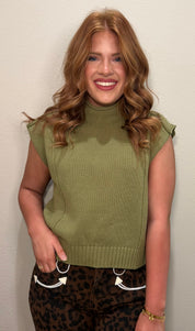 Light Olive Mock Neck Knit Sweater Vest Top