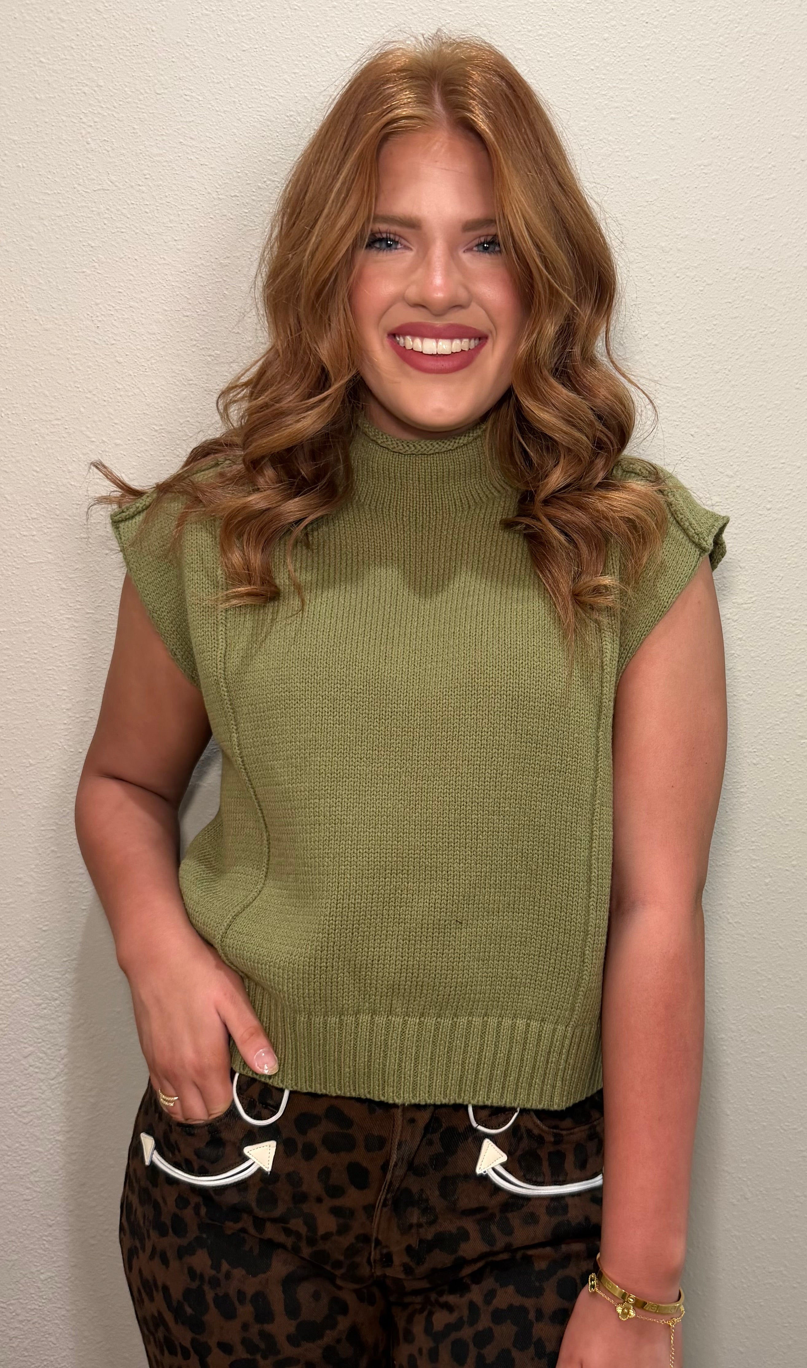 Light Olive Mock Neck Knit Sweater Vest Top