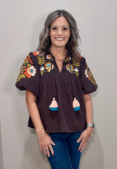 Brown Puff Sleeve Embroidered Detail Top