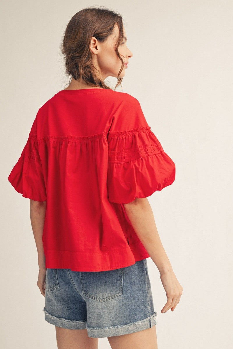 Red Pleated Puff Sleeve Mixed Fabric Top