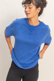 Basic Crew Neck Knit Short Sleeve Top - 2 COLORS - Red & Blue