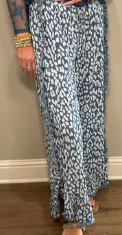 Blue Leopard Printed Lightweight Pants w/ Ruffle Details