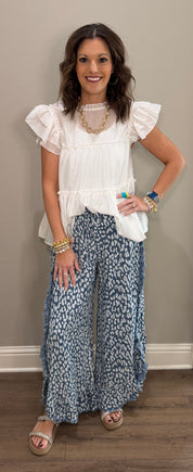 Blue Leopard Printed Lightweight Pants w/ Ruffle Details