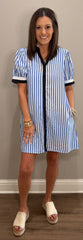 Blue & White Button Down Striped Shift Dress