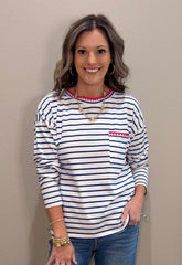 Blue & White Striped Blanket Stitch Long Sleeve Top