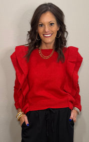 Red Knit Lightweight Sweater Top w/ Ruffle Detailing
