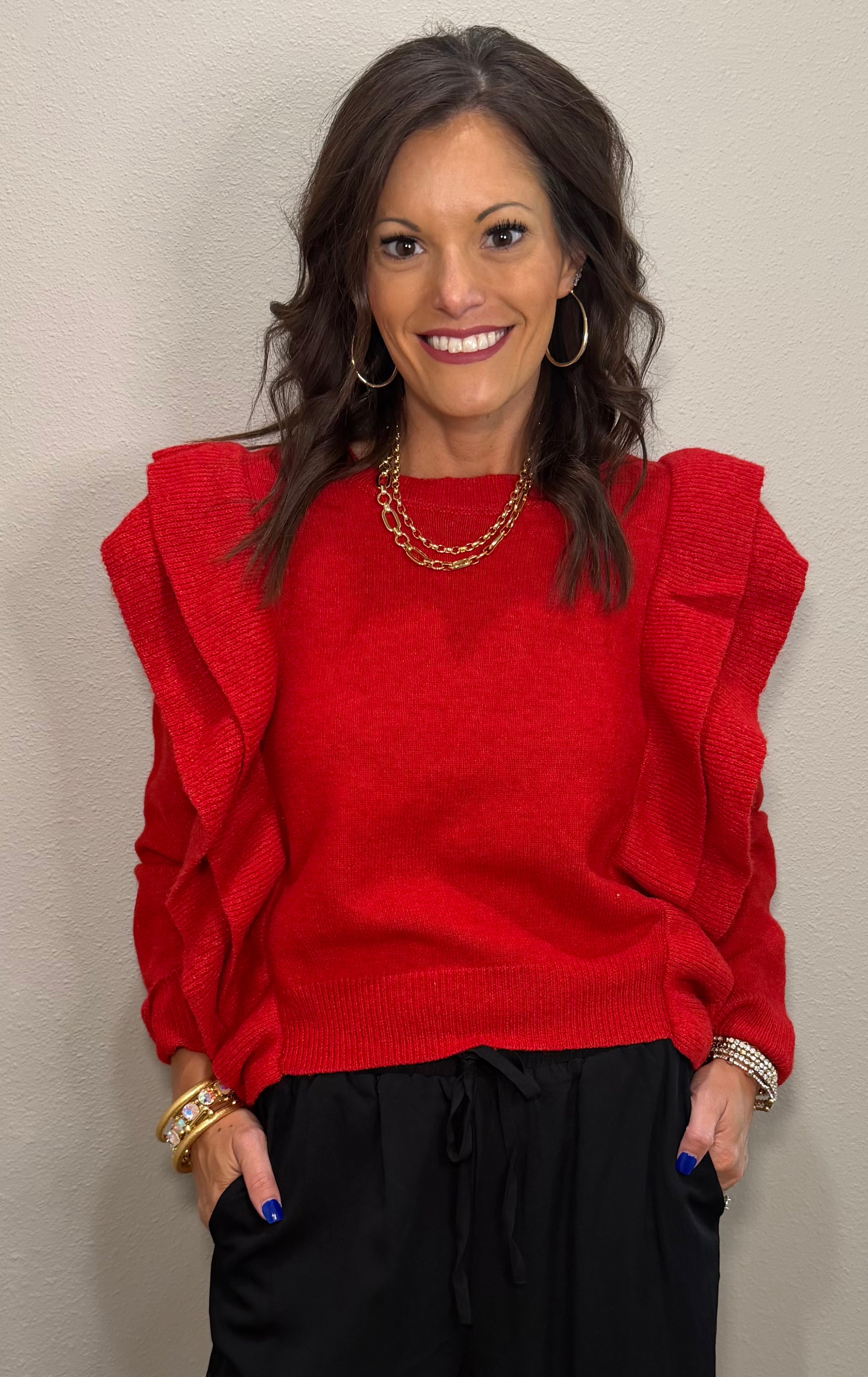 Red Knit Lightweight Sweater Top w/ Ruffle Detailing