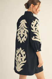 Black Baroque Floral Applique Dress