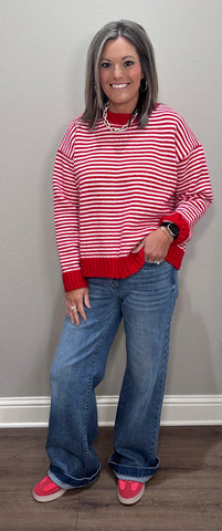 Red & White Striped Sweater Top