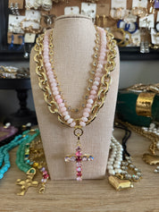 Pink Cross Necklace Stack