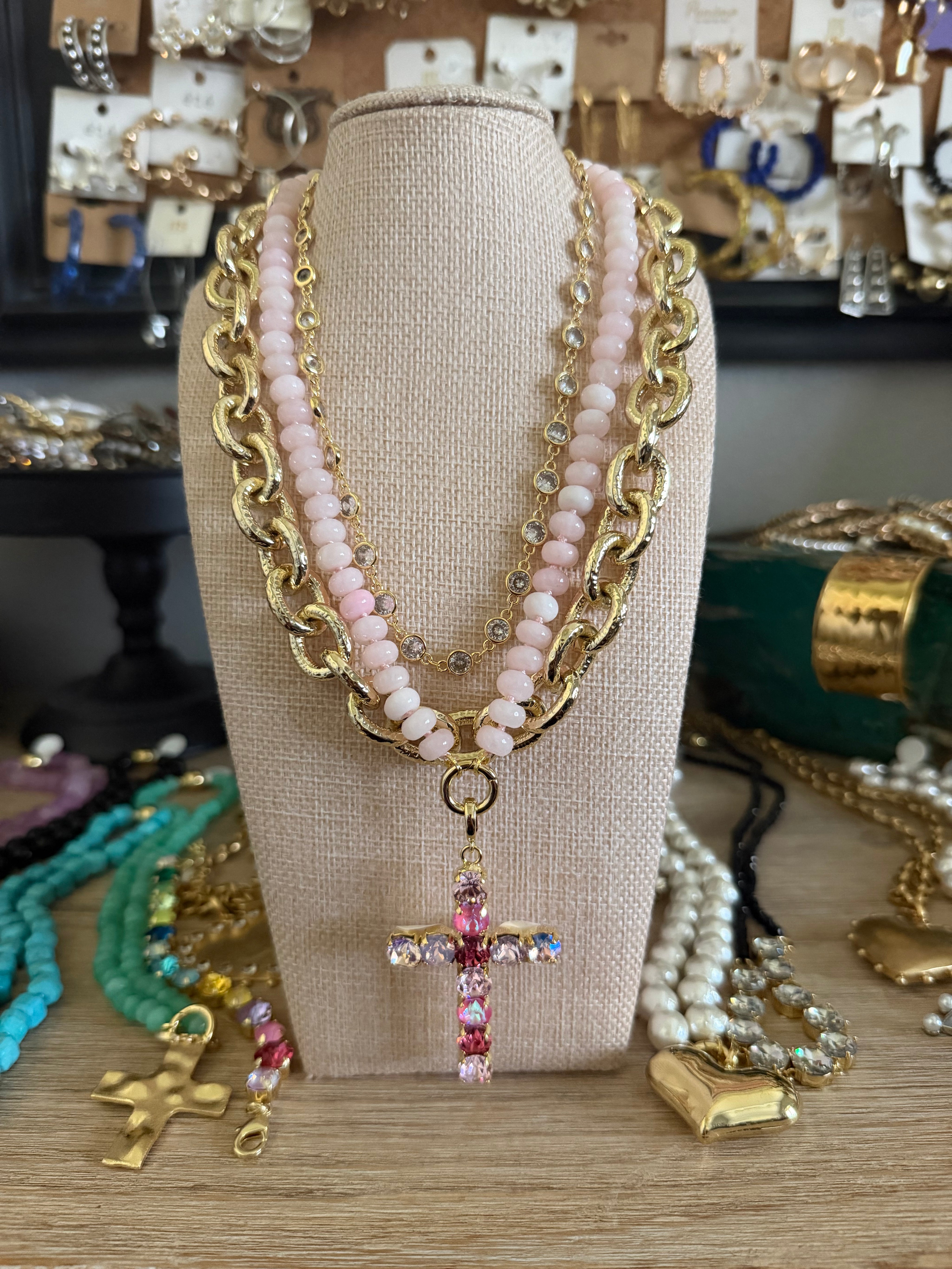 Pink Cross Necklace Stack