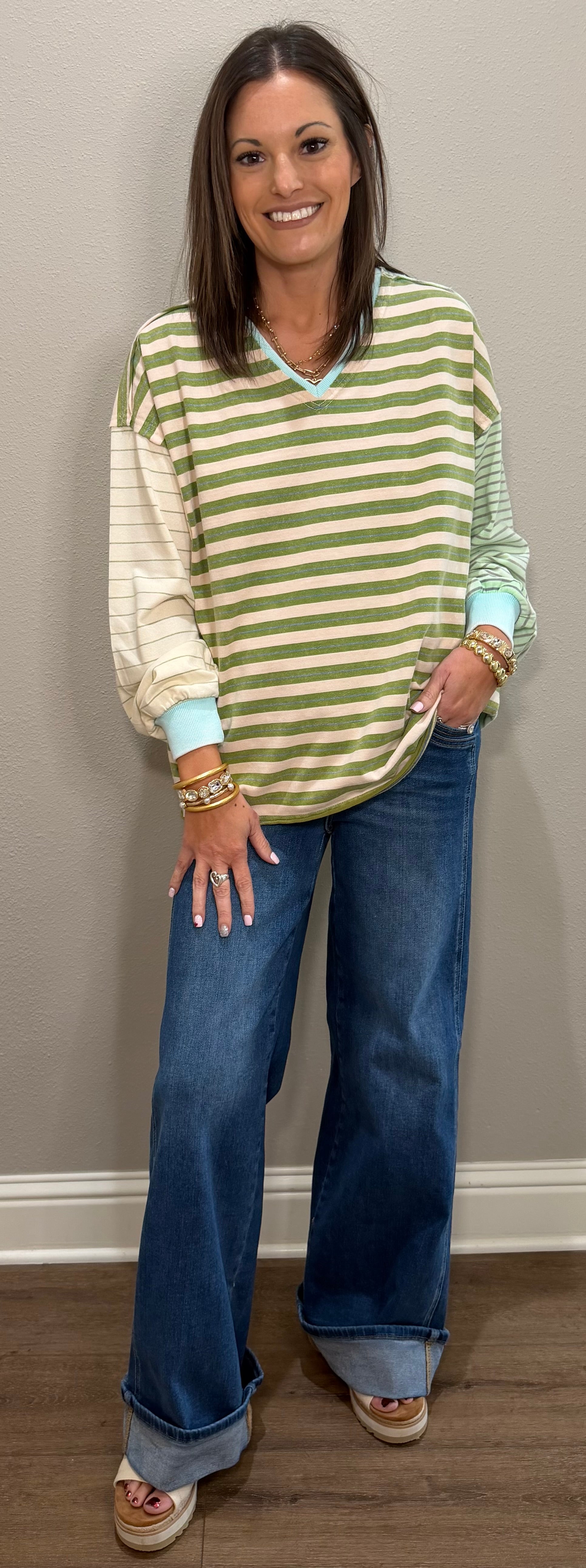 Mixed Sage Green Stripe French Terry Pullover