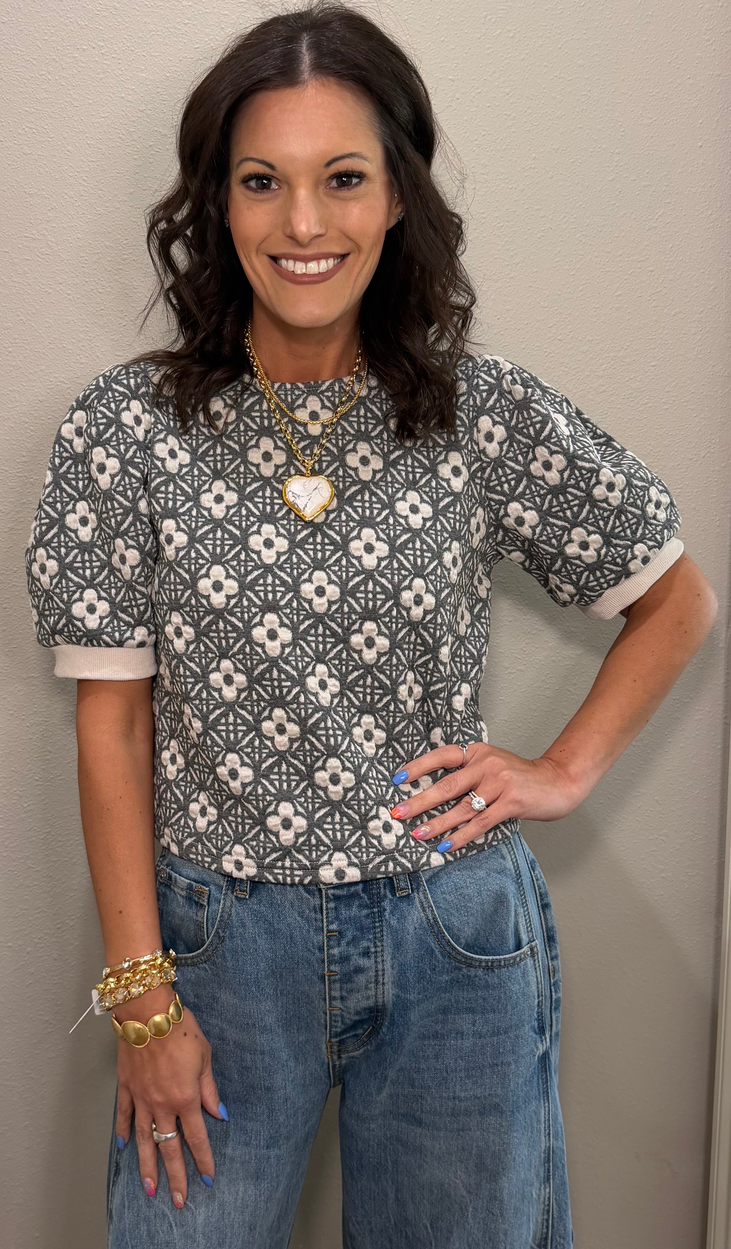Grey Floral Jacquard Knit Puff Sleeve Top