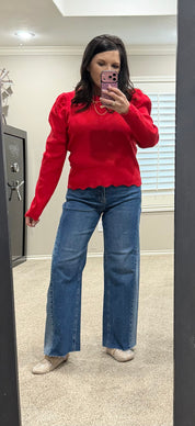 Red Scalloped Edge Puff Sleeve Ribbed Top