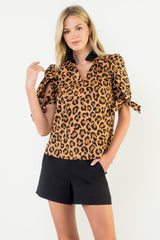 THML Velvet-ish Leopard Puff Sleeve Top