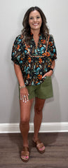 Black Floral Dolman Sleeve Top w/ Rust Accents