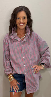 Red/Navy Plaid Ruffle Collar Top