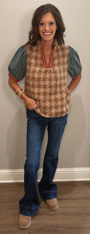 Brown Stripe Denim Sleeve Houndstooth Tweed Top
